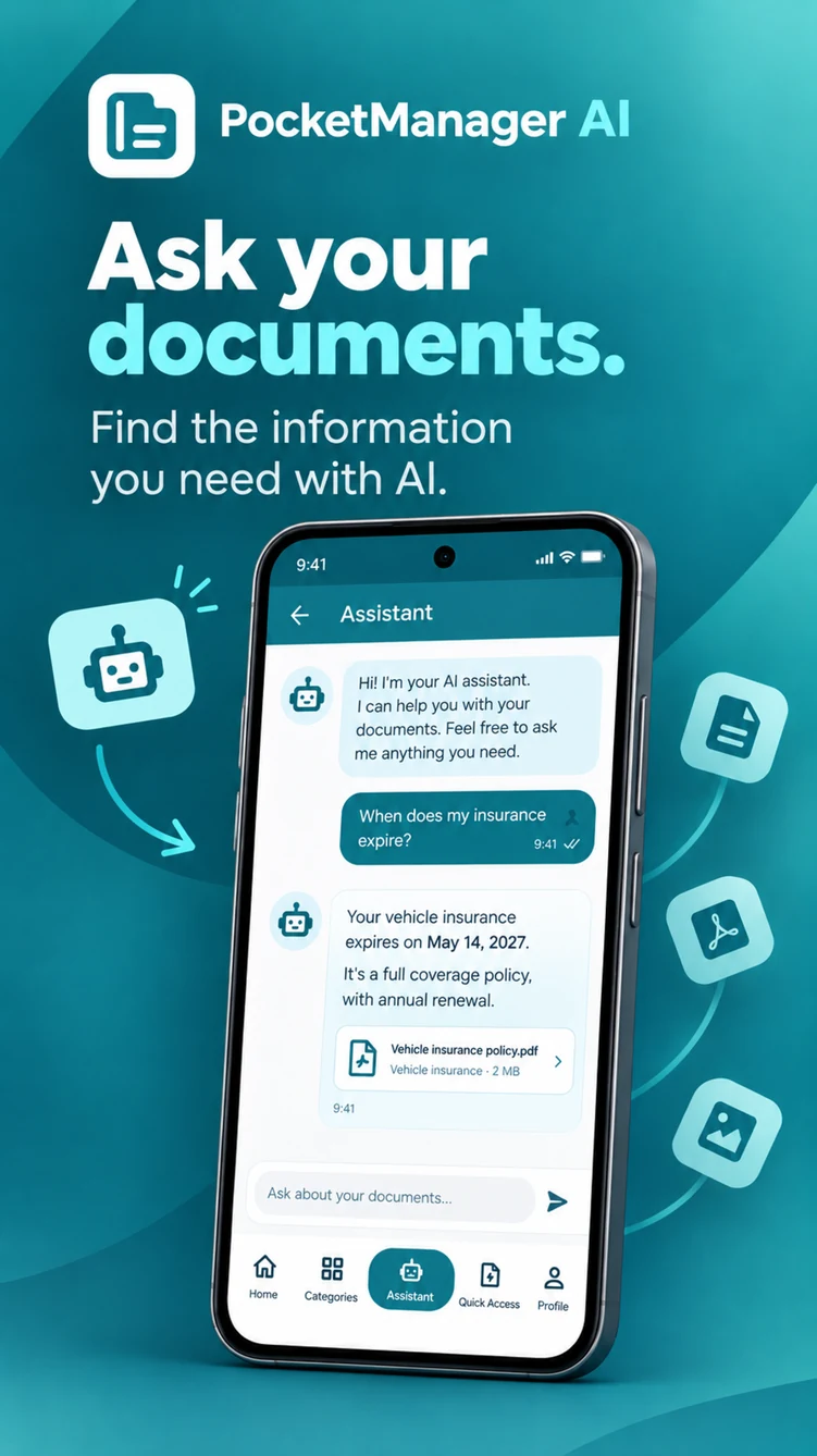 PocketManager AI Google Play screenshot: document assistant.