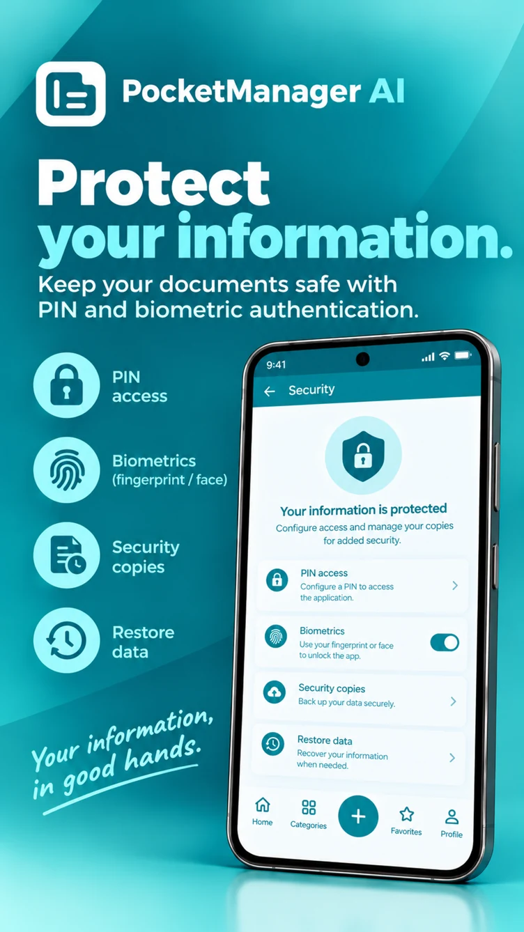 PocketManager AI: PIN, biometrics and backup settings.