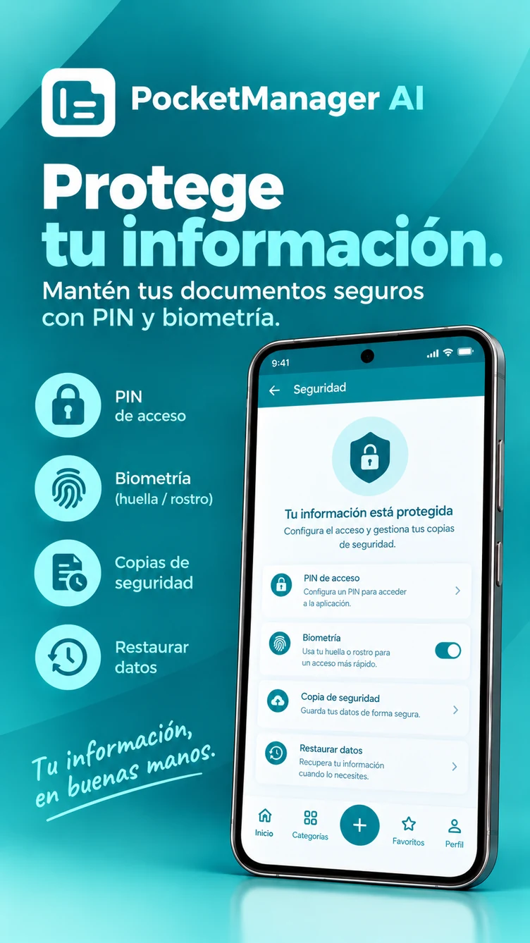 PocketManager AI: ajustes de PIN, biometría y copias de seguridad.